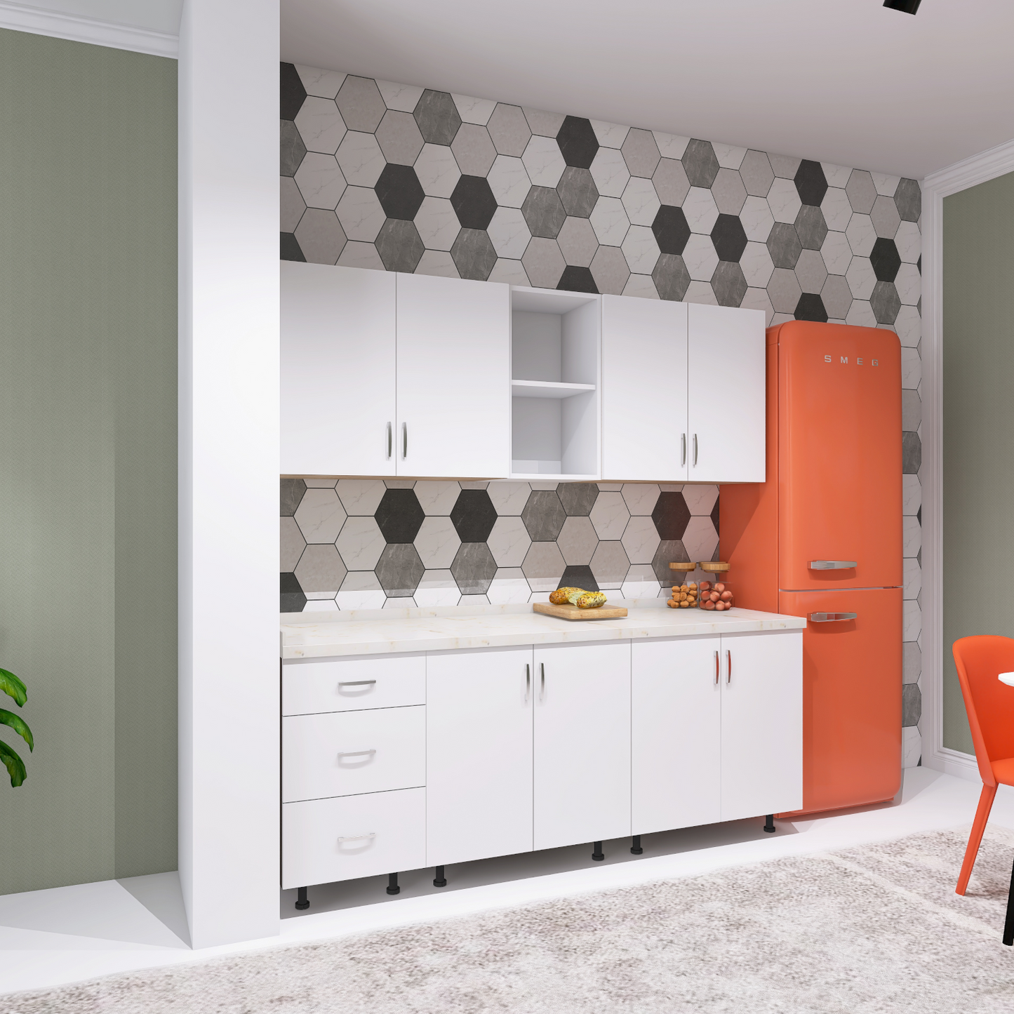 Bucatarie 200cm DARINA, Culoare ALB, Material PAL 18mm, Blat Termorezistent de 2,8 cm - imagine 3