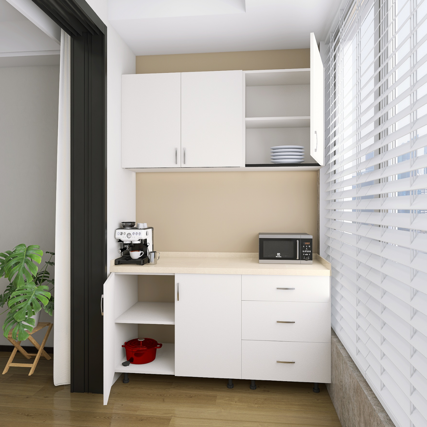 Bucatarie Balcon 120 cm, Pal 18mm, Culoare Alb, Blat Termorezistent 2.8 cm - imagine 5