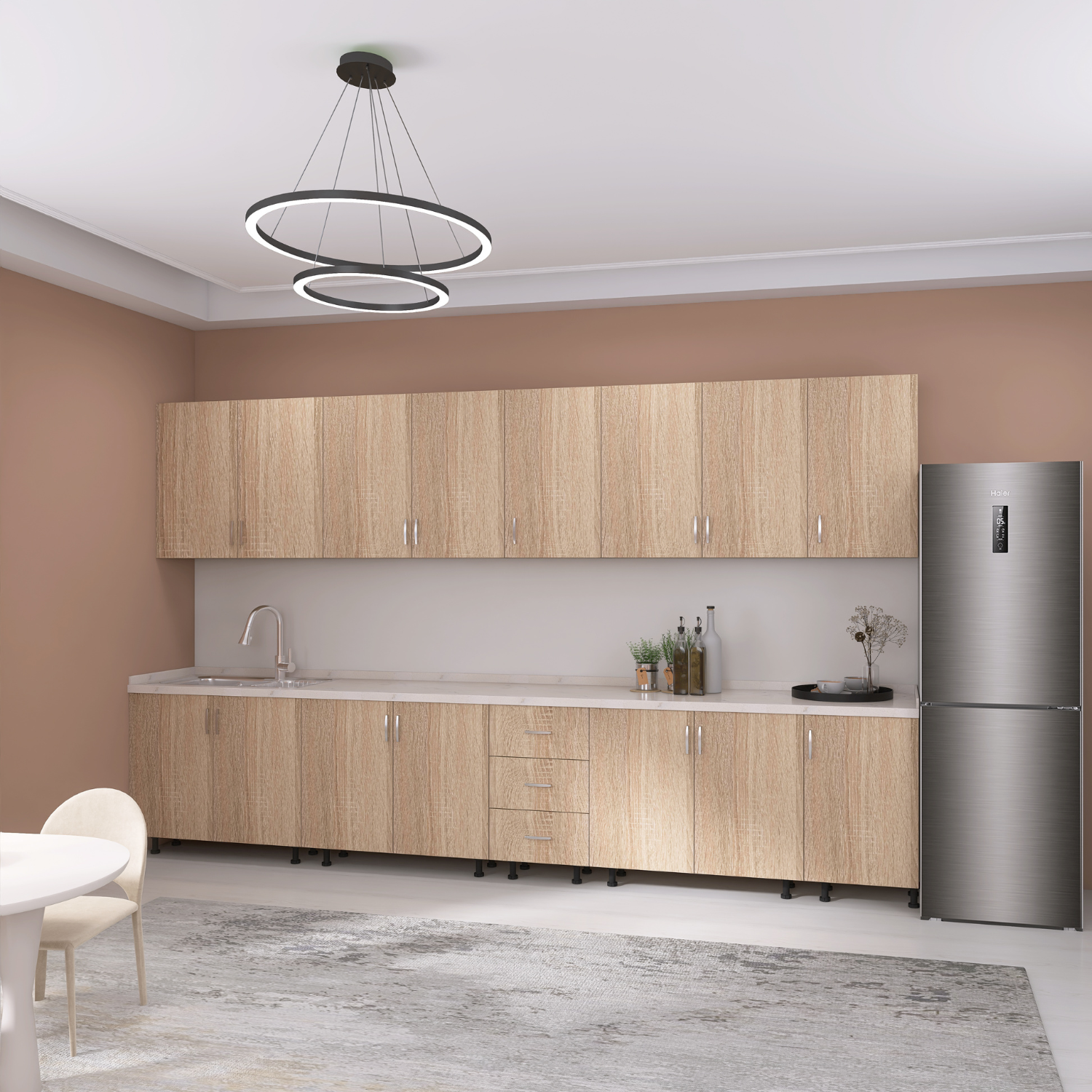 Bucatarie Modulara Mondo 300 cm, Picioare Reglabile, Material Pal 18mm, Culoare  STEJAR SONOMA - imagine 2