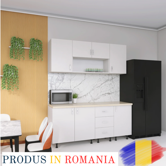 Bucatarie 160cm Lili , Culoare ALB, Material PAL 18mm, Blat Termorezistent 2.8 cm