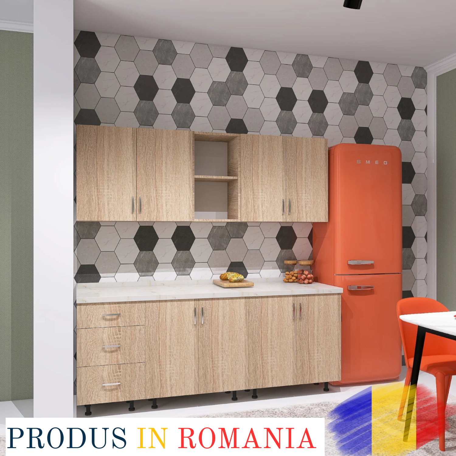 Bucatarie 200 cm DARIA, Culoare SONOMA, Material PAL 18mm, Blat Termorezistent de 2,8 cm
