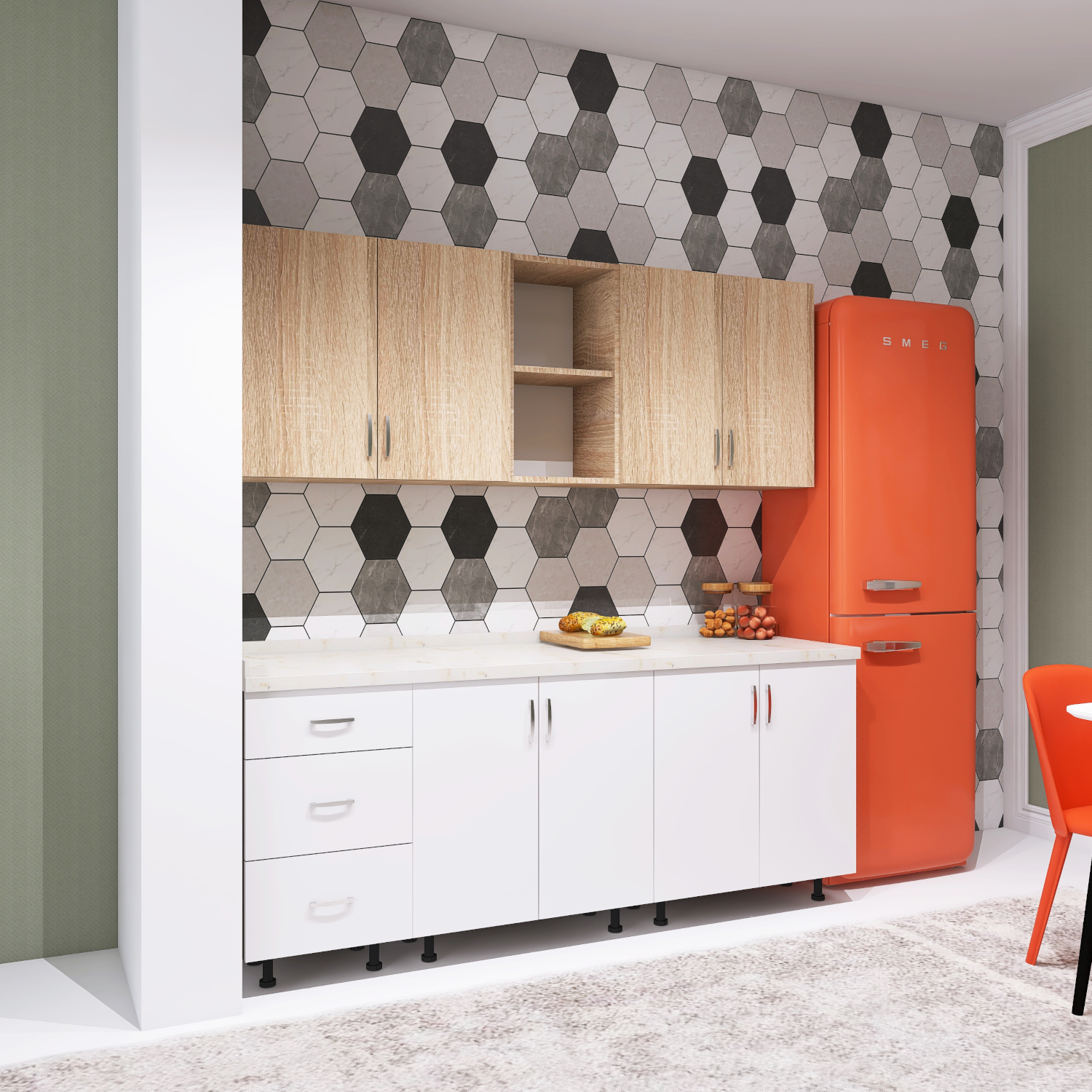 Bucatarie 200cm DARIA, Culoare ALB - SONOMA, Material PAL 18mm, Blat Termorezistent de 2,8 cm - imagine 2