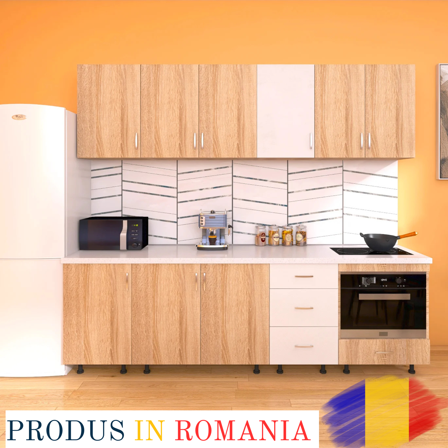 Bucatarie 200cm ROMA, Culoare Sonoma, Material PAL 18mm, Blat Termorezistent de 2,8 cm