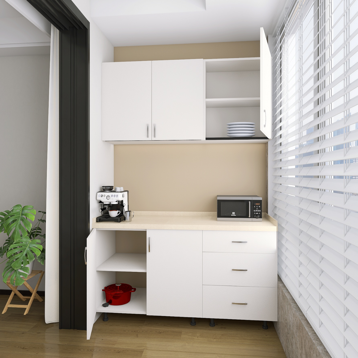 Bucatarie Balcon 120 cm, Pal 18mm, Culoare Alb, Blat Termorezistent 2.8 cm - imagine 5