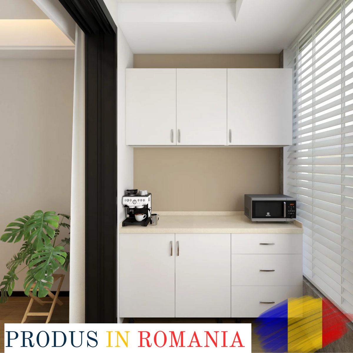 Bucatarie Balcon 120 cm, Pal 18mm, Culoare Alb, Blat Termorezistent 2.8 cm