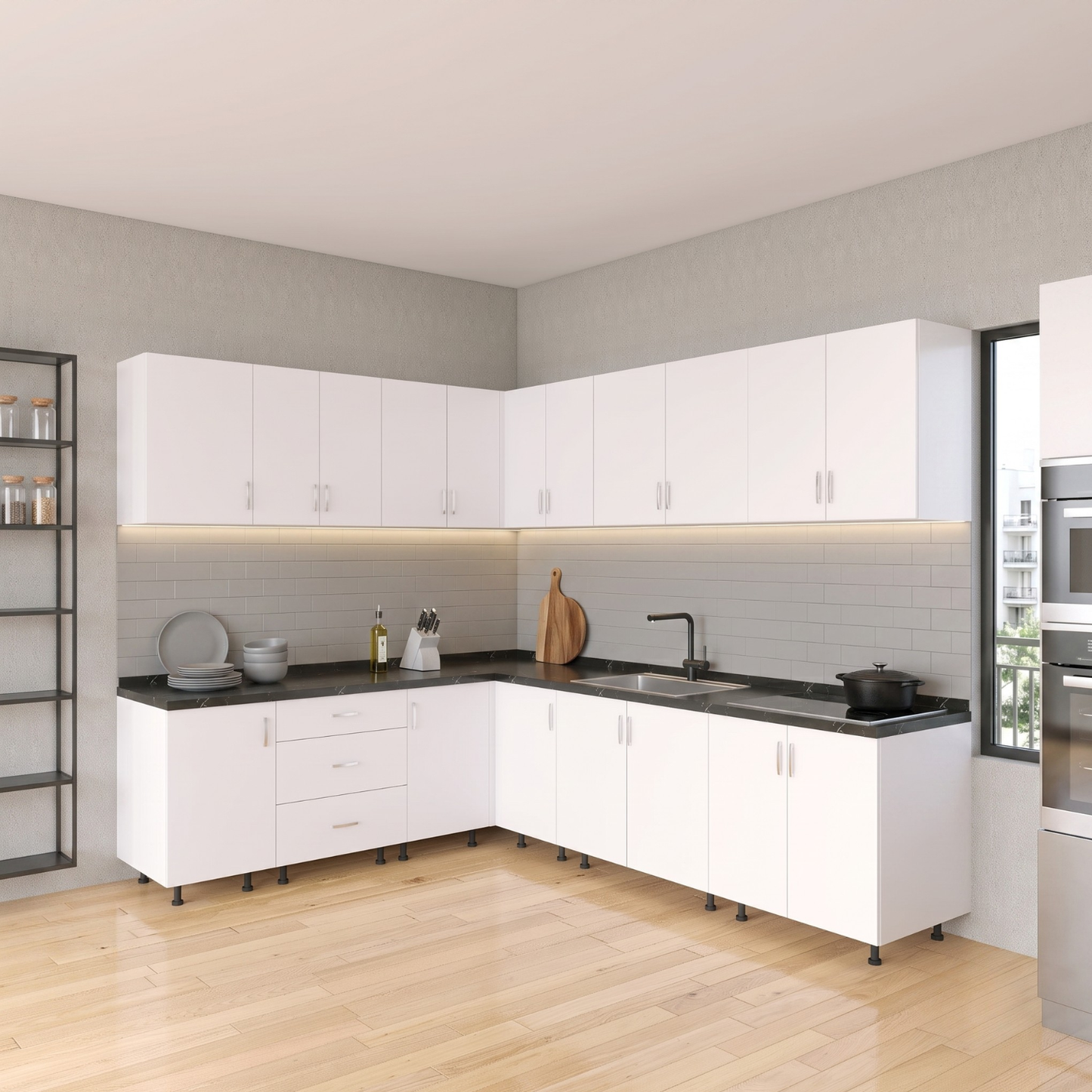 Bucatarie Colt Karla L220 x L240, Pal 18mm, Culoare Alb, Balamale Soft - Clos