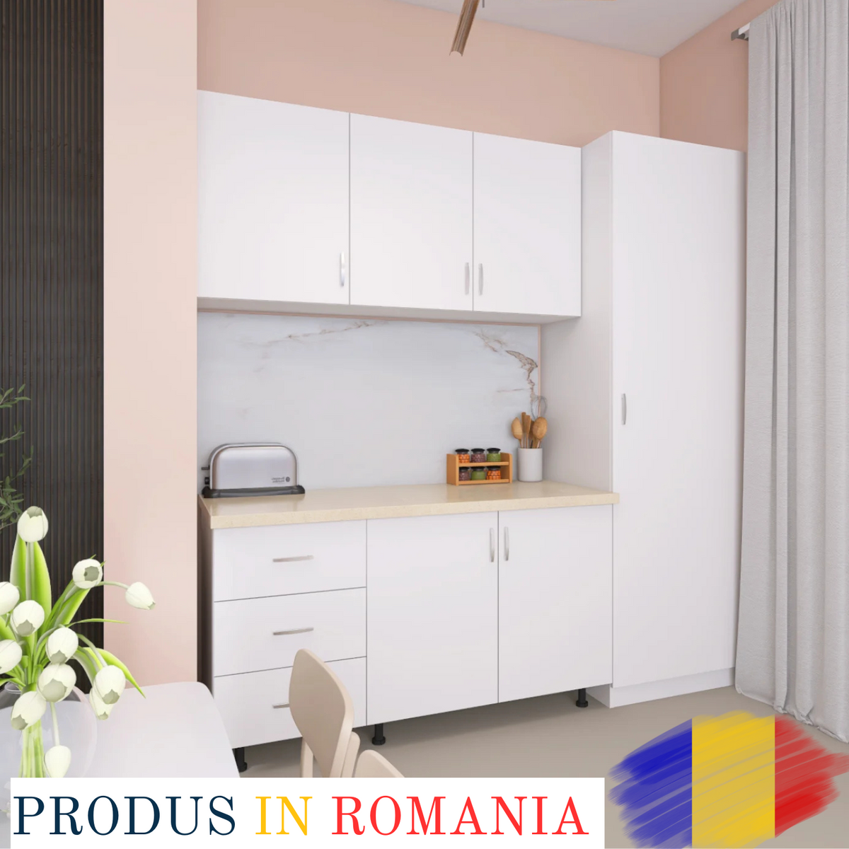 Bucatarie cu Soldat Vela 170cm Lungime , Culoare Alb, Material PAL 18mm, Blat Termorezistent 2.8 cm