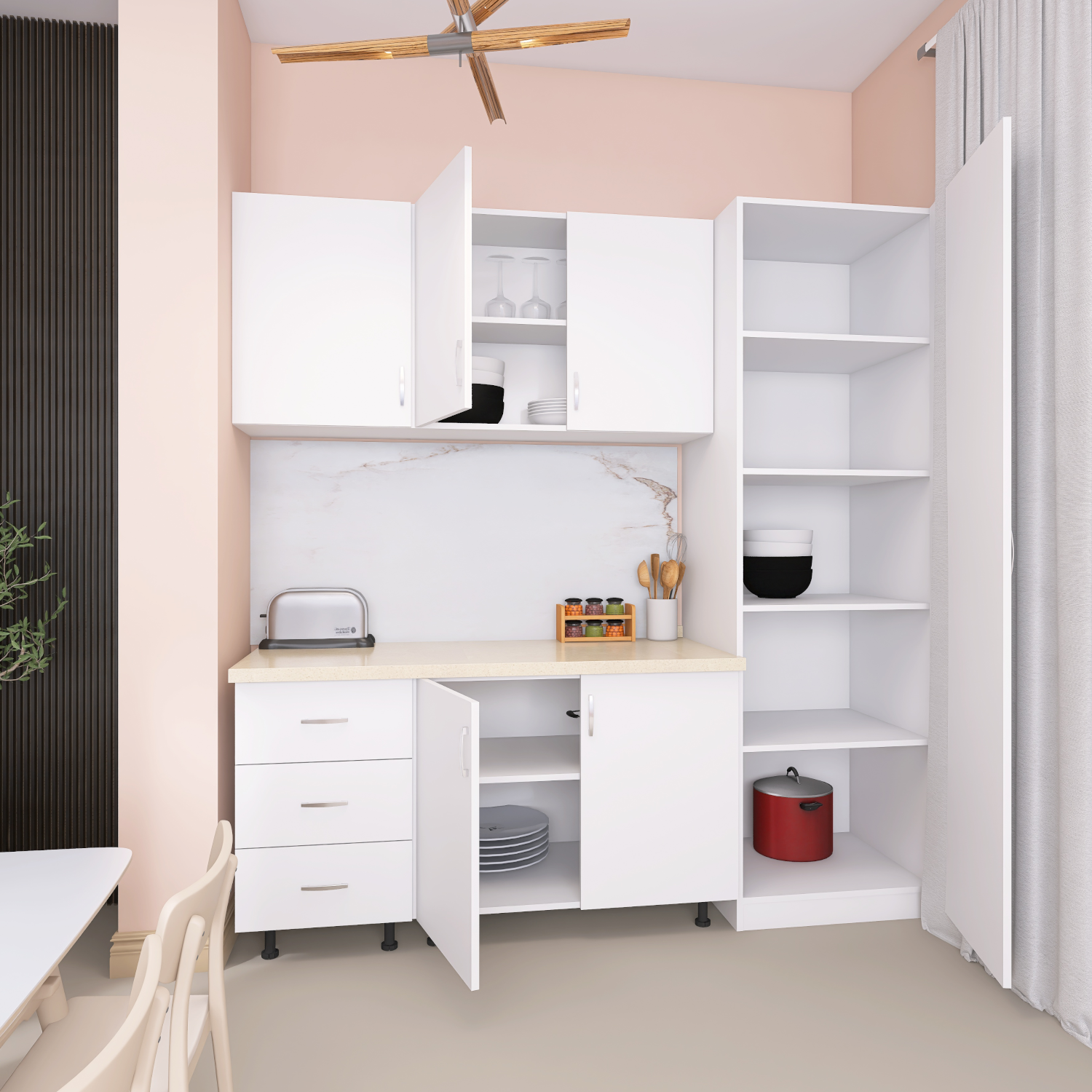 Bucatarie cu Soldat Vela 170cm Lungime , Culoare Alb, Material PAL 18mm, Blat Termorezistent 2.8 cm - imagine 3