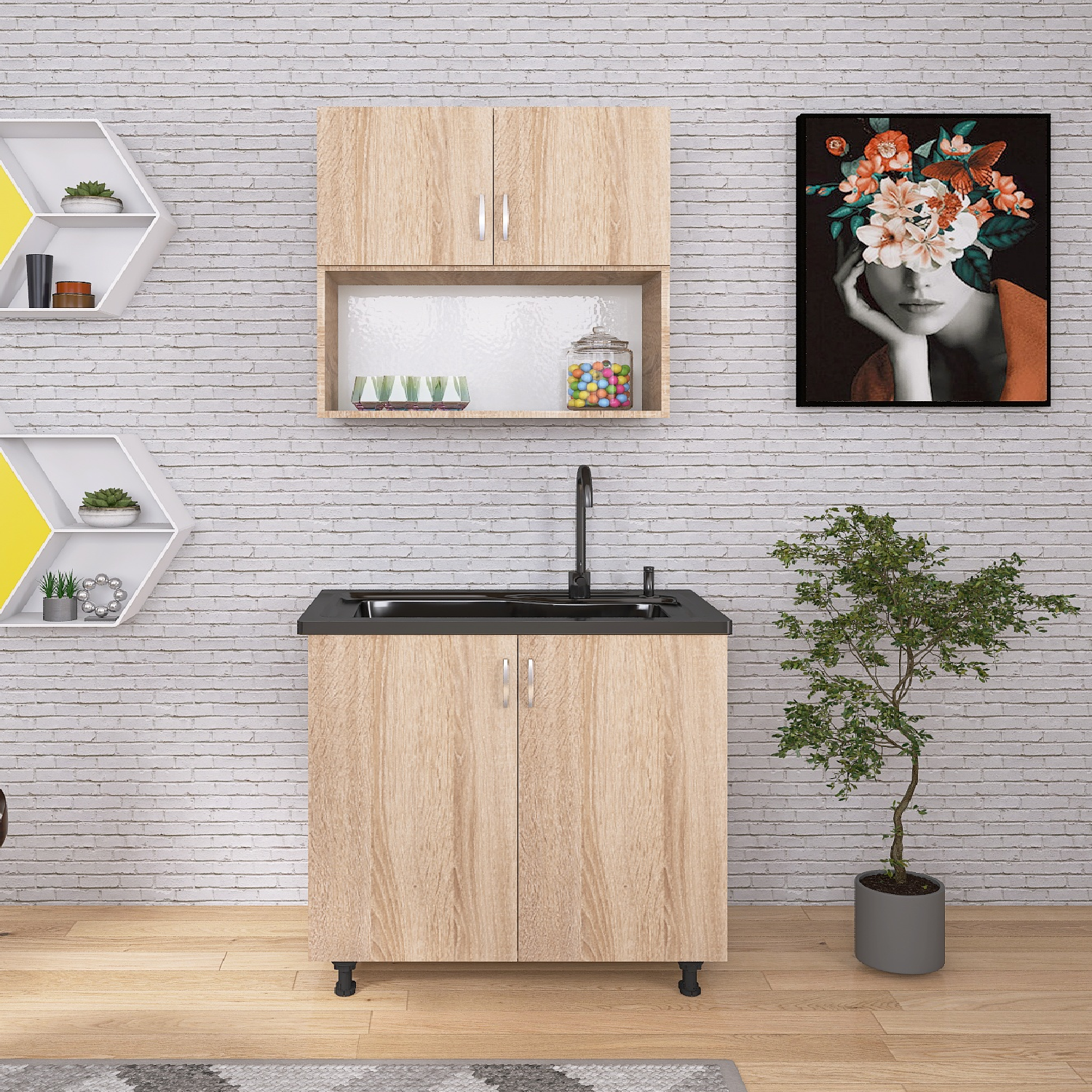 Bucatarie Lia 80cm, Culoare Sonoma, Material PAL 18mm - imagine 2
