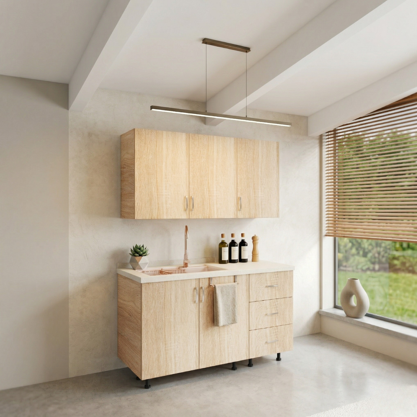 Bucatarie Maia 120 cm, Pal 18mm, Culoare Stejar Sonoma, Blat Termorezistent 2.8 cm