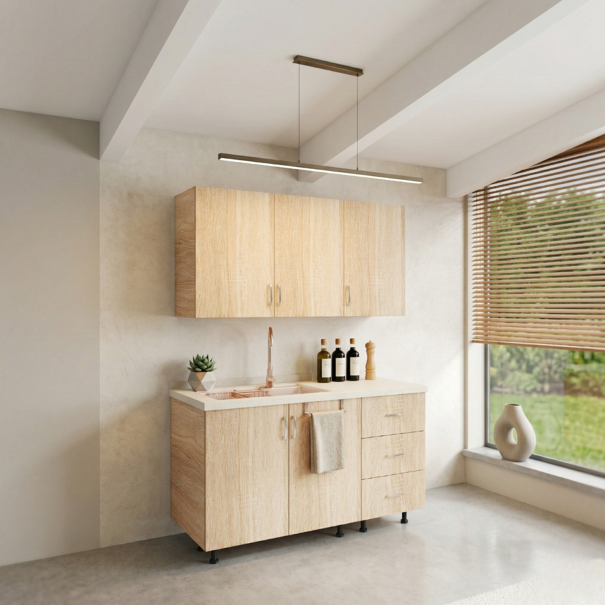 Bucatarie Maia 120 cm, Pal 18mm, Culoare Stejar Sonoma, Blat Termorezistent 2.8 cm