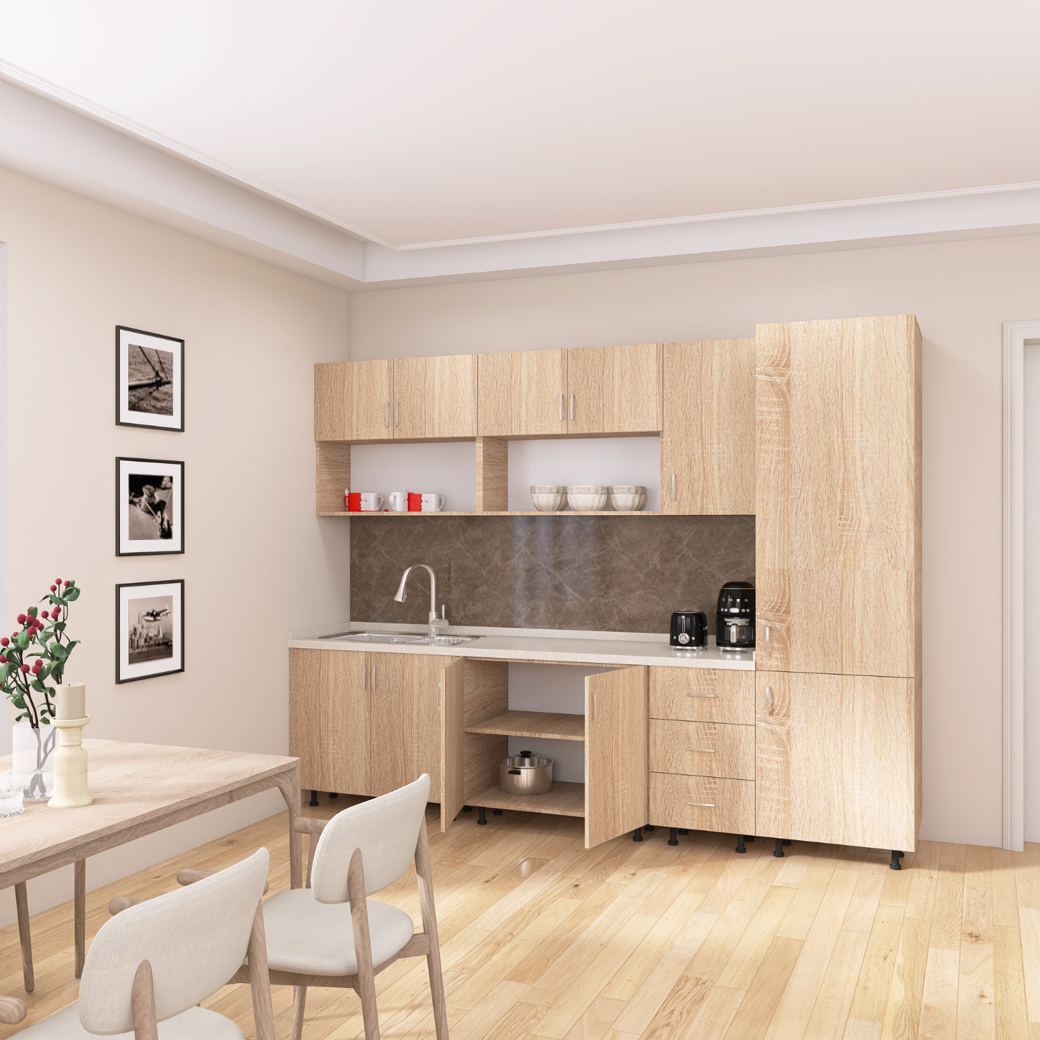 Bucatarie Modulara CORA 260 cm, Material PAL 18mm, Culoare Stejar Sonoma - imagine 2