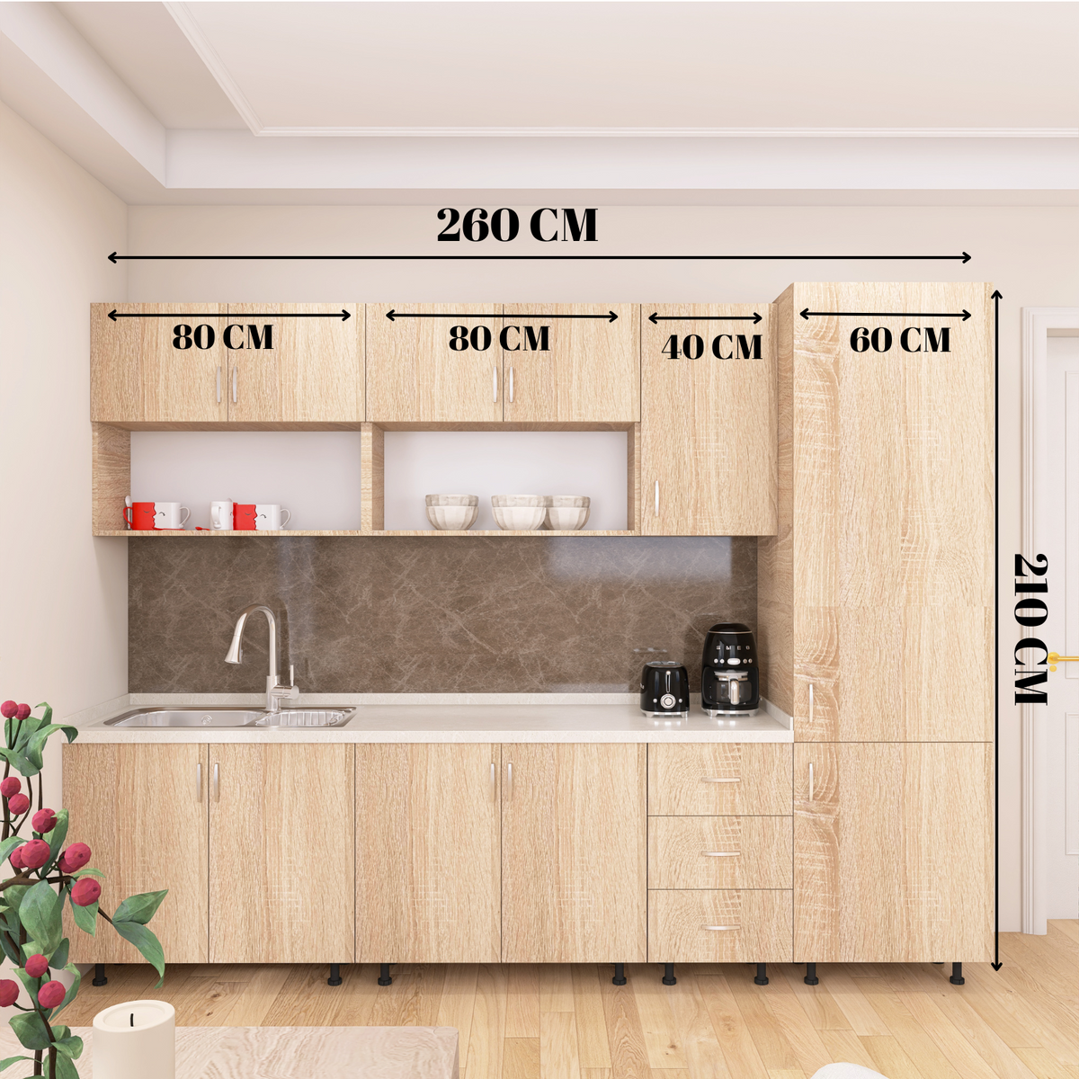 Bucatarie Modulara CORA 260 cm, Material PAL 18mm, Culoare Stejar Sonoma - imagine 3