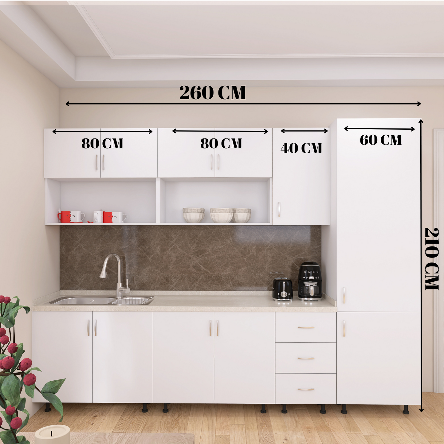 Bucatarie Modulara CORA 260 cm, Material PAL 18mm, Culoare ALB - imagine 6