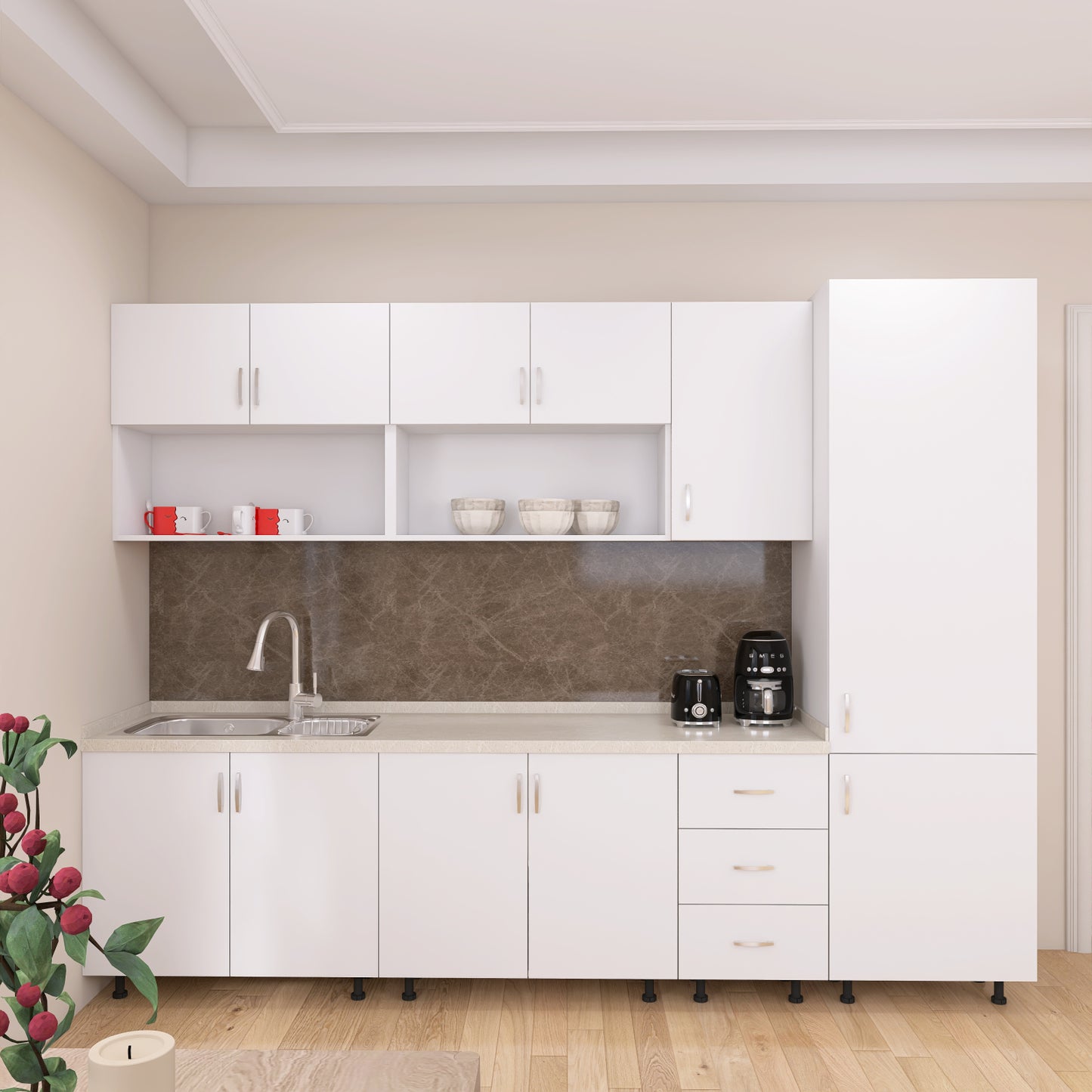 Bucatarie Modulara CORA 260 cm, Material PAL 18mm, Culoare ALB - imagine 3