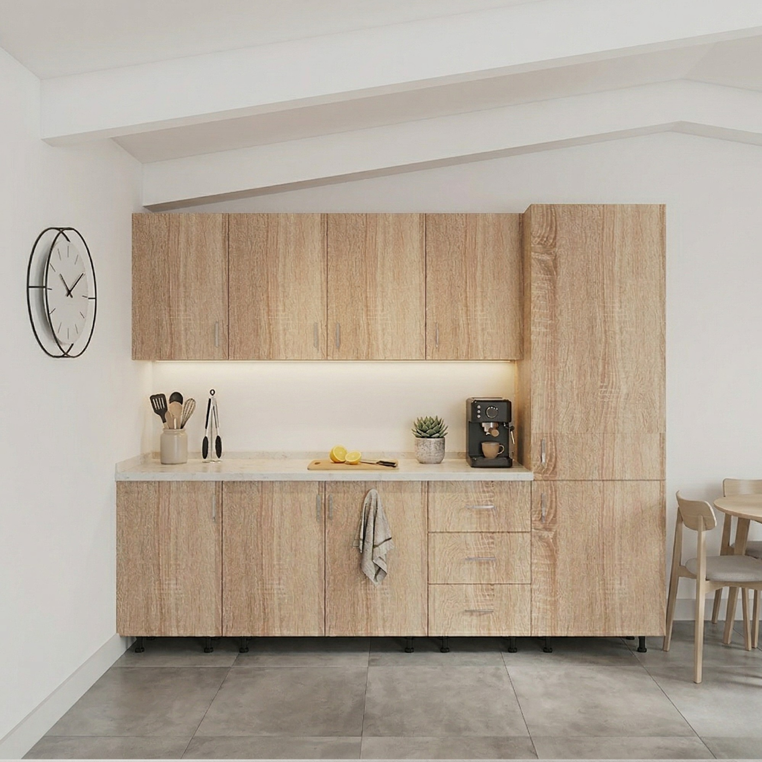 Bucatarie Modulara Mondo 220cm,Picioare Reglabile, Material Pal 18mm, Culoare SONOMA