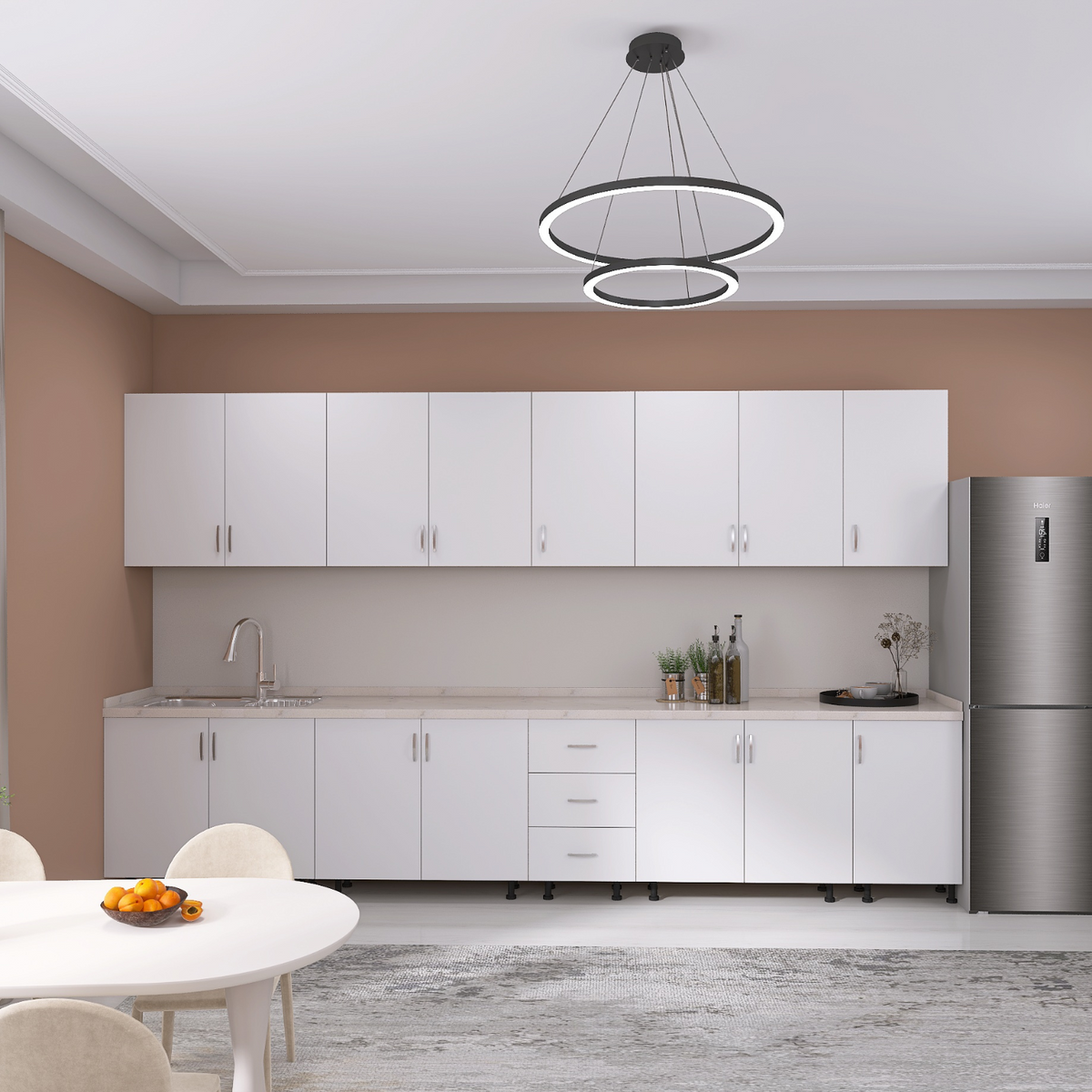 Bucatarie Modulara Mondo 300 cm, Picioare Reglabile, Material Pal 18mm, Culoare Alb