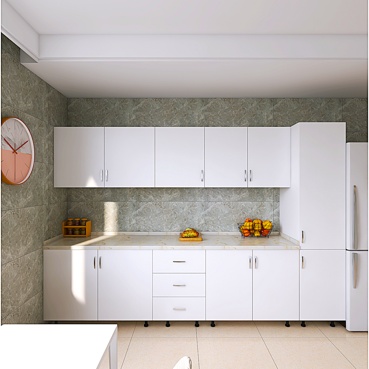 Bucatarie RIMINI 260 cm, Material PAL 18mm, Culoare Alb, Blat termorezistent 2.8cm