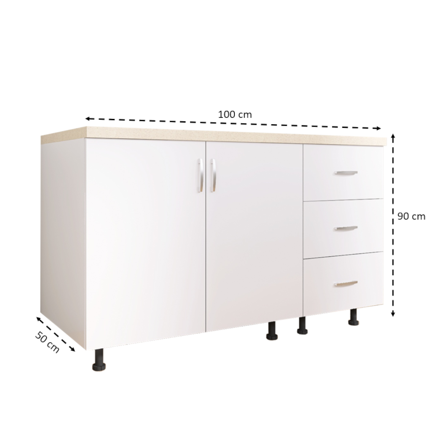 Corp Bucatarie Inferior L100 x A50 x H90cm, Culoare Alb, PAL 18mm, Blat termorezistent 2,8 cm - imagine 2