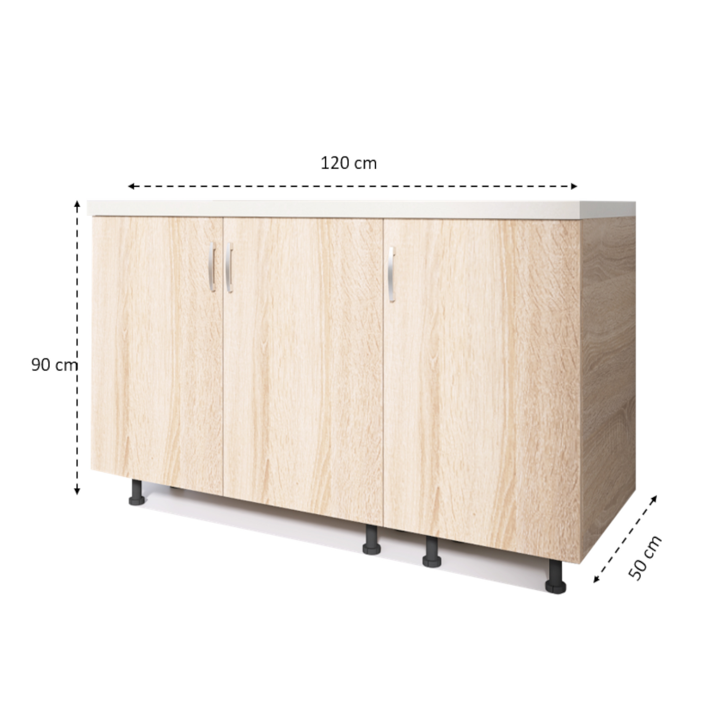 Corp Inferior Bucatarie 120x50x90 cm CU 3 USI, Culoare Sonoma, Pal 18mm, Blat Termorezistent - imagine 3