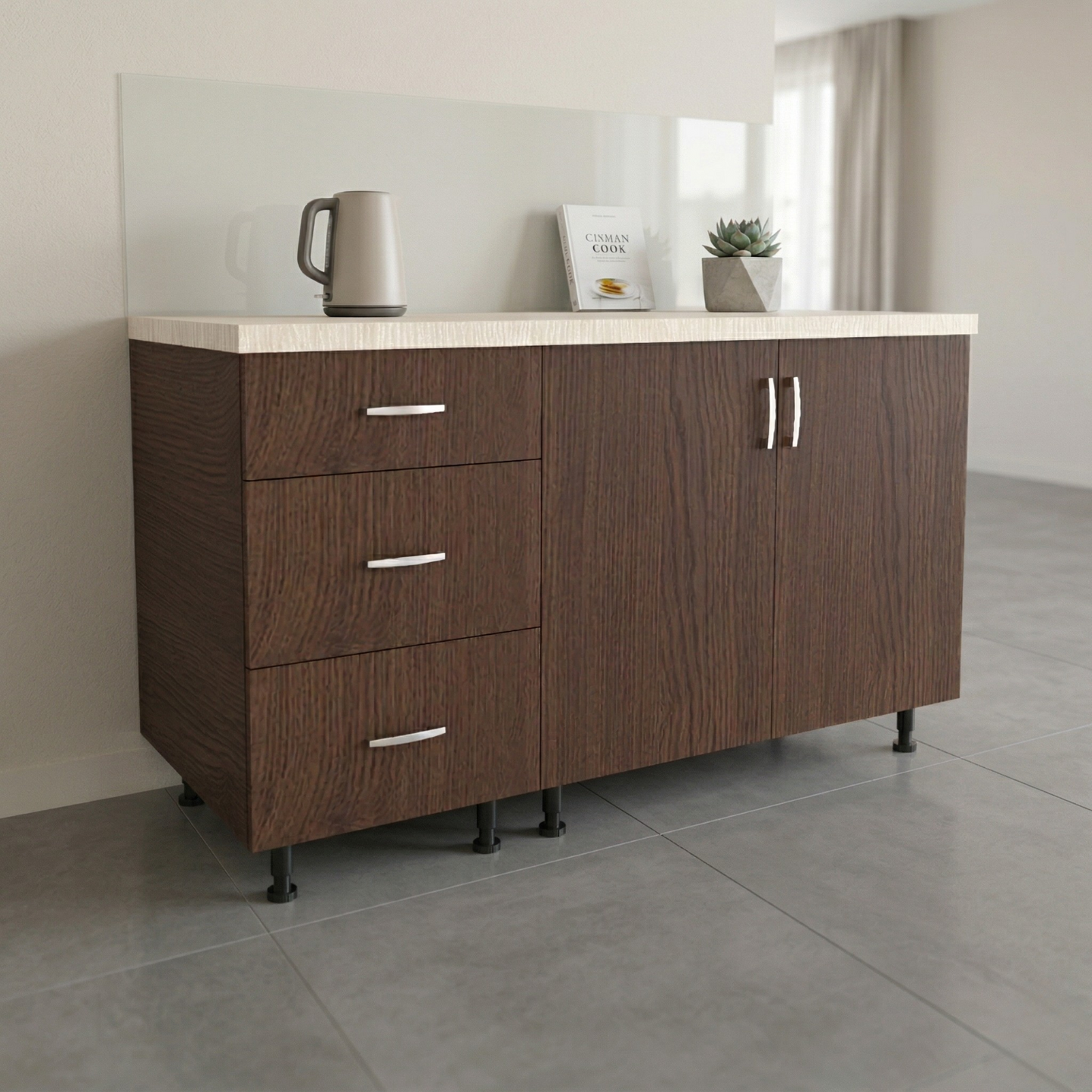 Corp Inferior Bucatarie L120xA50xH90 cm, Culoare WENGE, Pal 18mm, Blat Termorezistent 2.8 cm