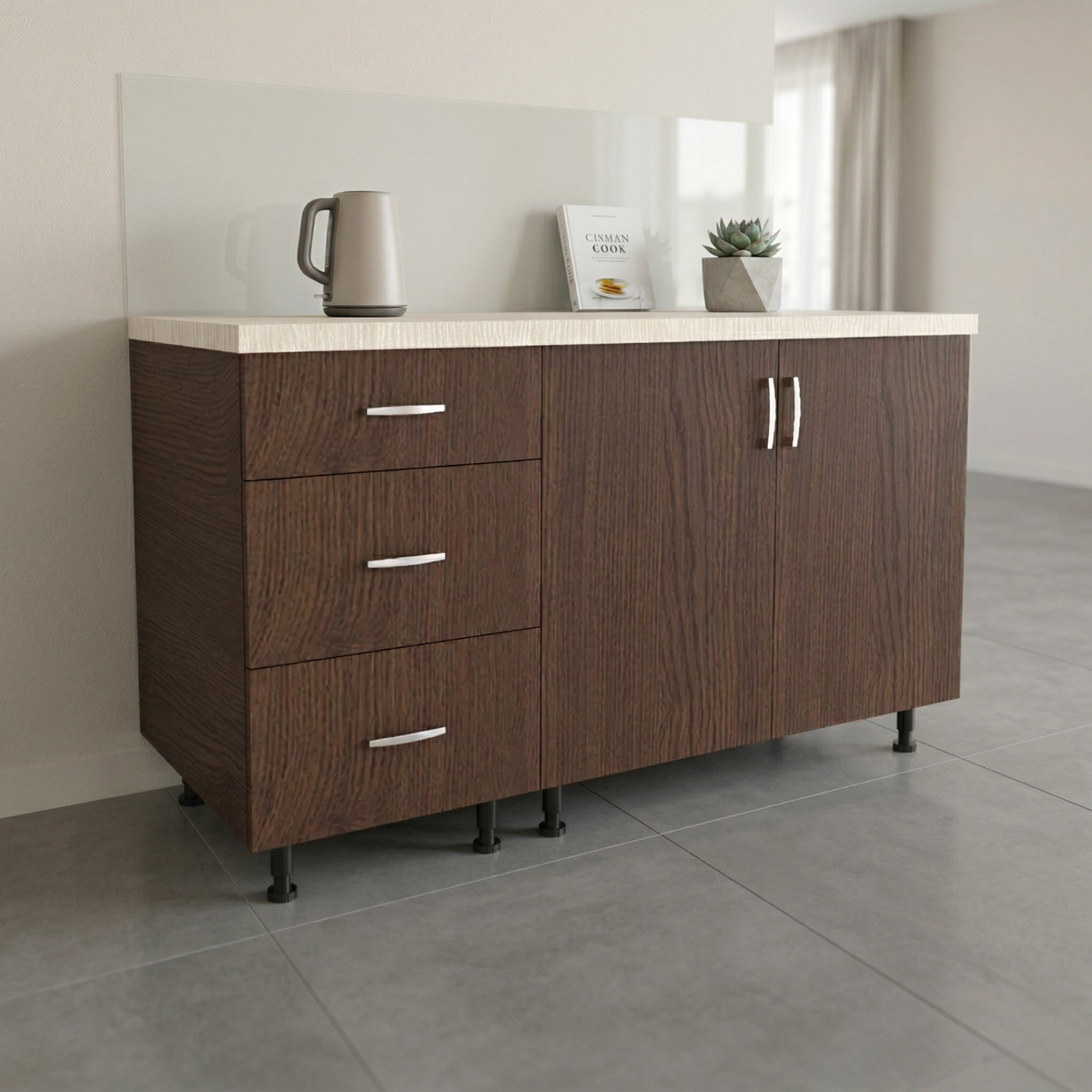 Corp Inferior Bucatarie L120xA50xH90 cm, Culoare WENGE, Pal 18mm, Blat Termorezistent 2.8 cm