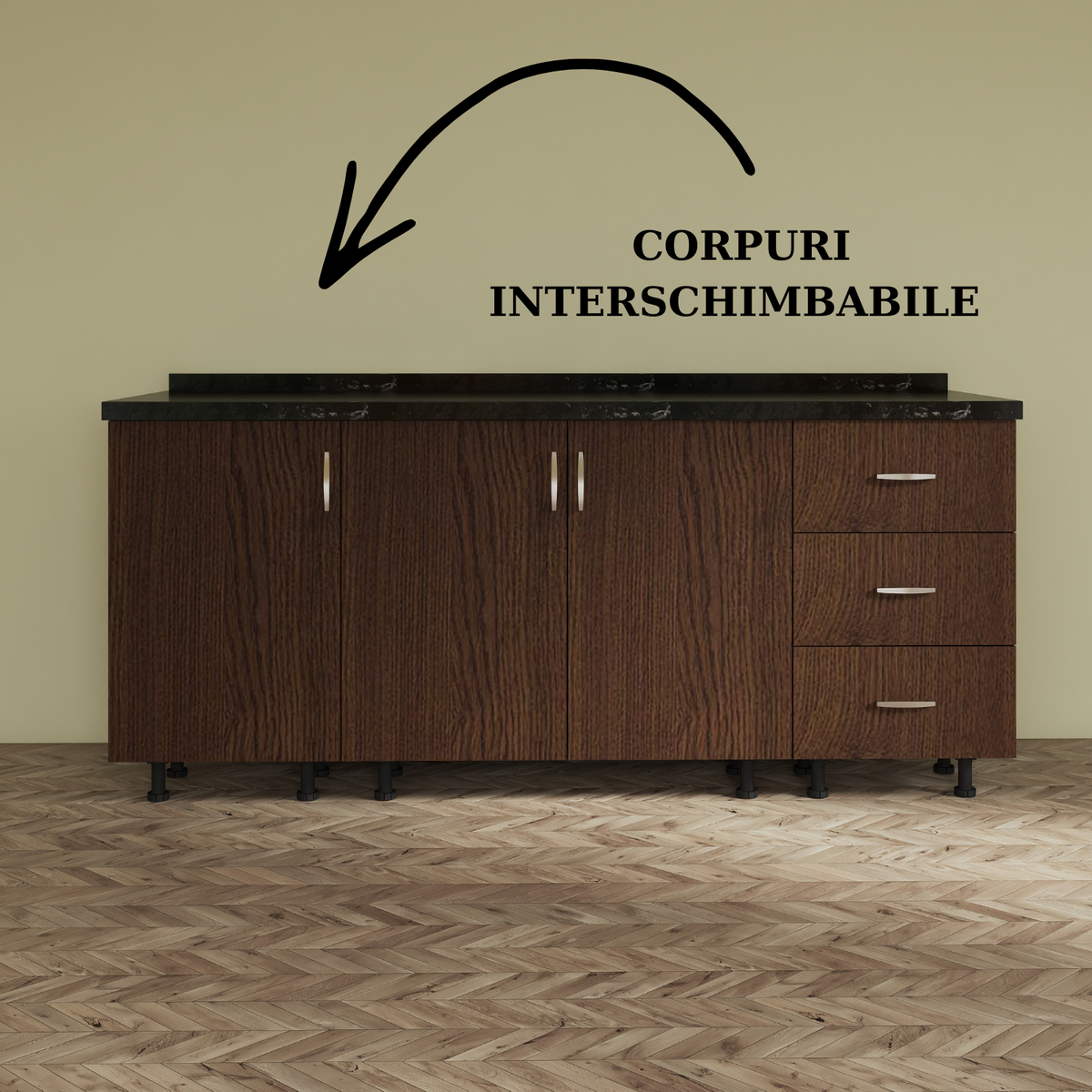 Corp Inferior Bucatarie  L160 x H90 x A50 cm, WENGE, Pal 18mm, Blat Termorezistent 2,8 cm Grosime - imagine 3