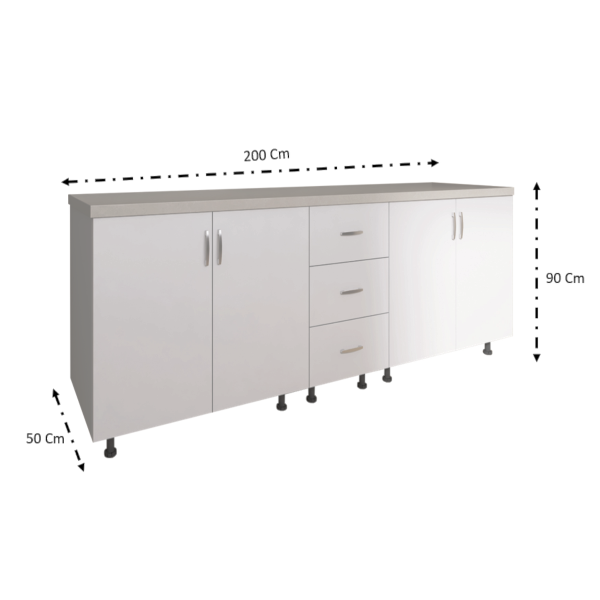 Corp Inferior Bucatarie L200xA50xH90 cm, Culoare ALB, Pal 18mm, Blat Termorezistent 2.8 cm - imagine 3