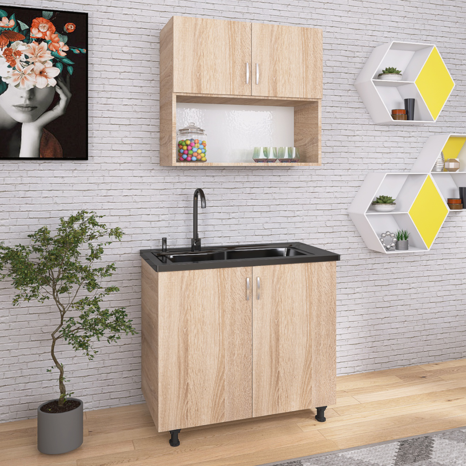 Corp suspendat bucatarie, L80xH70xA32cm, Culoare Sonoma, Material PAL 18mm - imagine 2