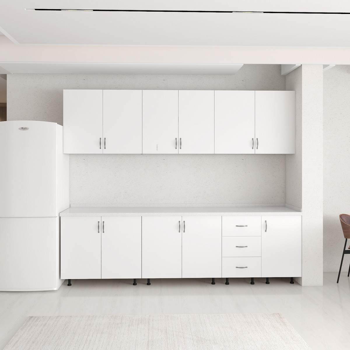 Set Bucatarie 220 cm, Pal 18mm, Culoare Alb. Blat Termorezistent Inclus