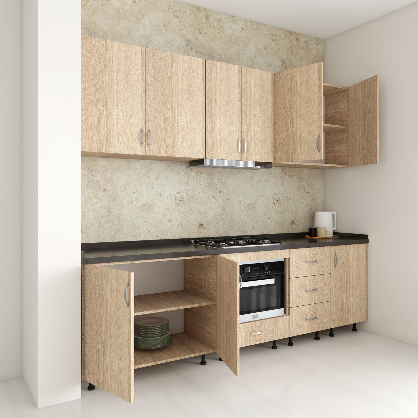 Set Bucatarie 220cm Mirela, Pal 18mm, Blat Termorezistent Negru , Culoare Stejar Sonoma - imagine 3