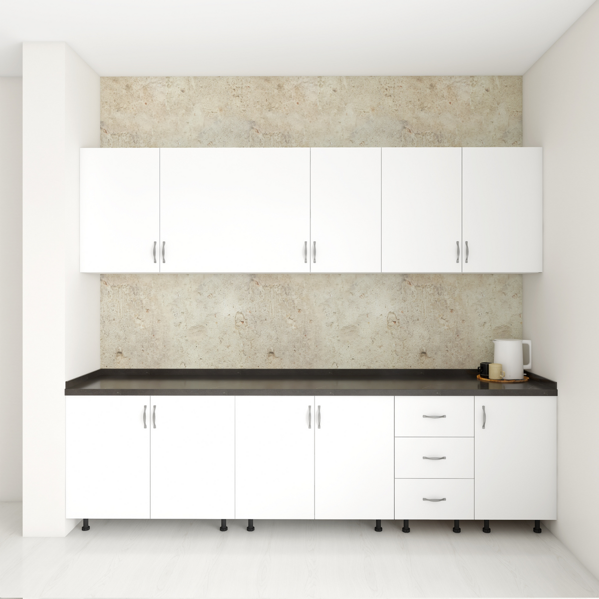 Set Bucatarie 240cm Valencia , Pal 18mm, Blat Termorezistent Negru , Culoare Alb Mat - imagine 2