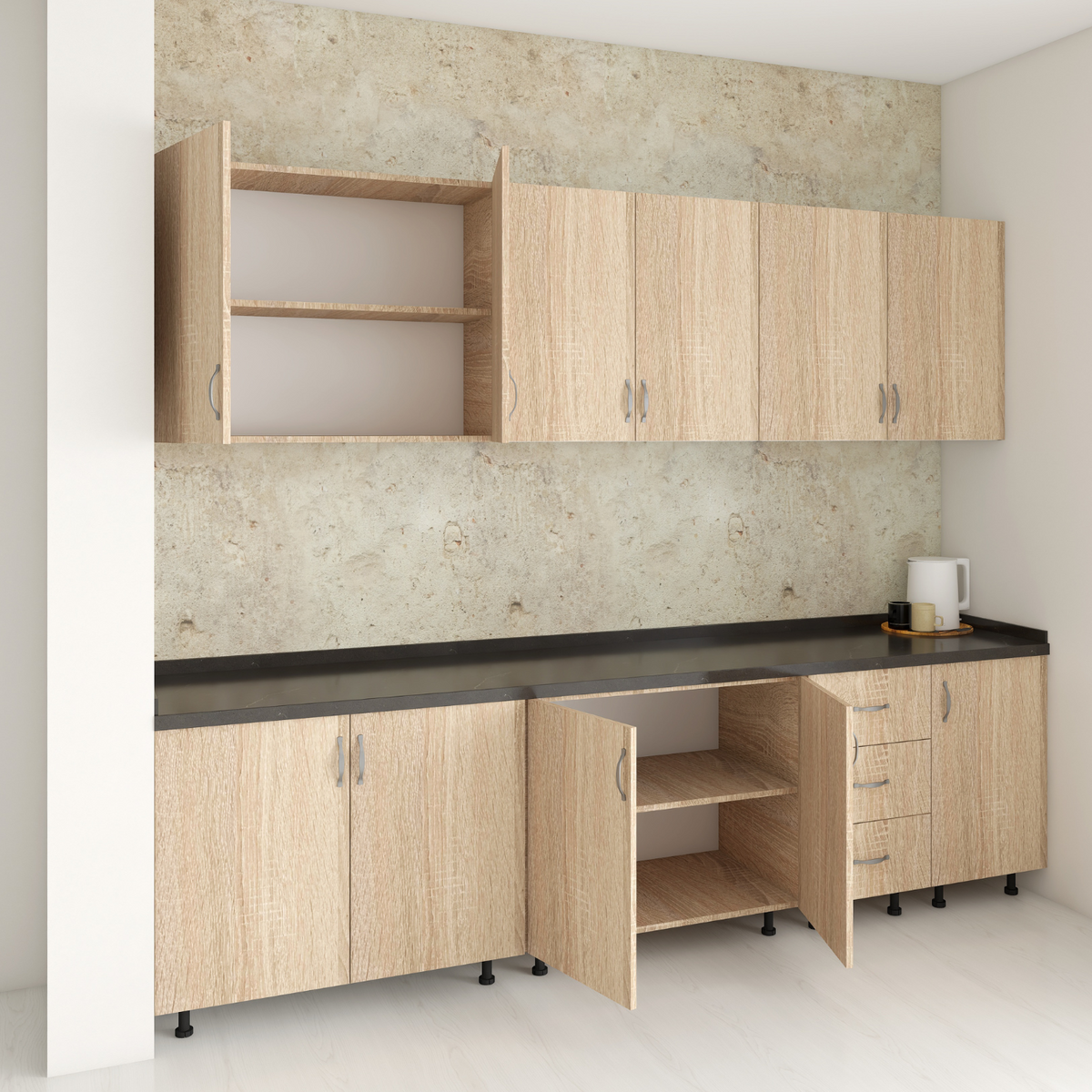 Set Bucatarie 240cm Valencia , Pal 18mm, Blat Termorezistent Negru , Culoare Stejar Sonoma - imagine 3