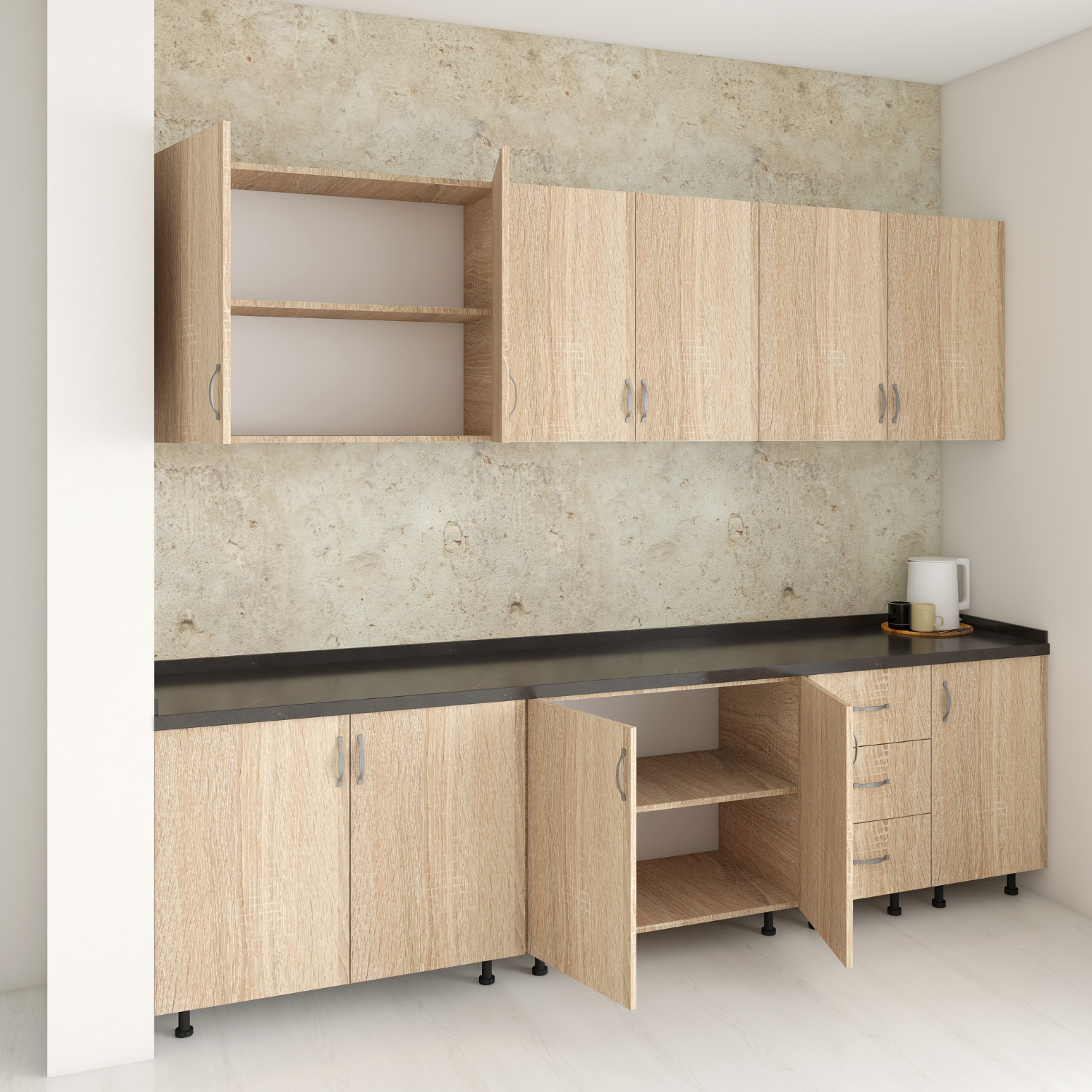 Set Bucatarie 240cm Valencia , Pal 18mm, Blat Termorezistent Negru , Culoare Stejar Sonoma - imagine 3
