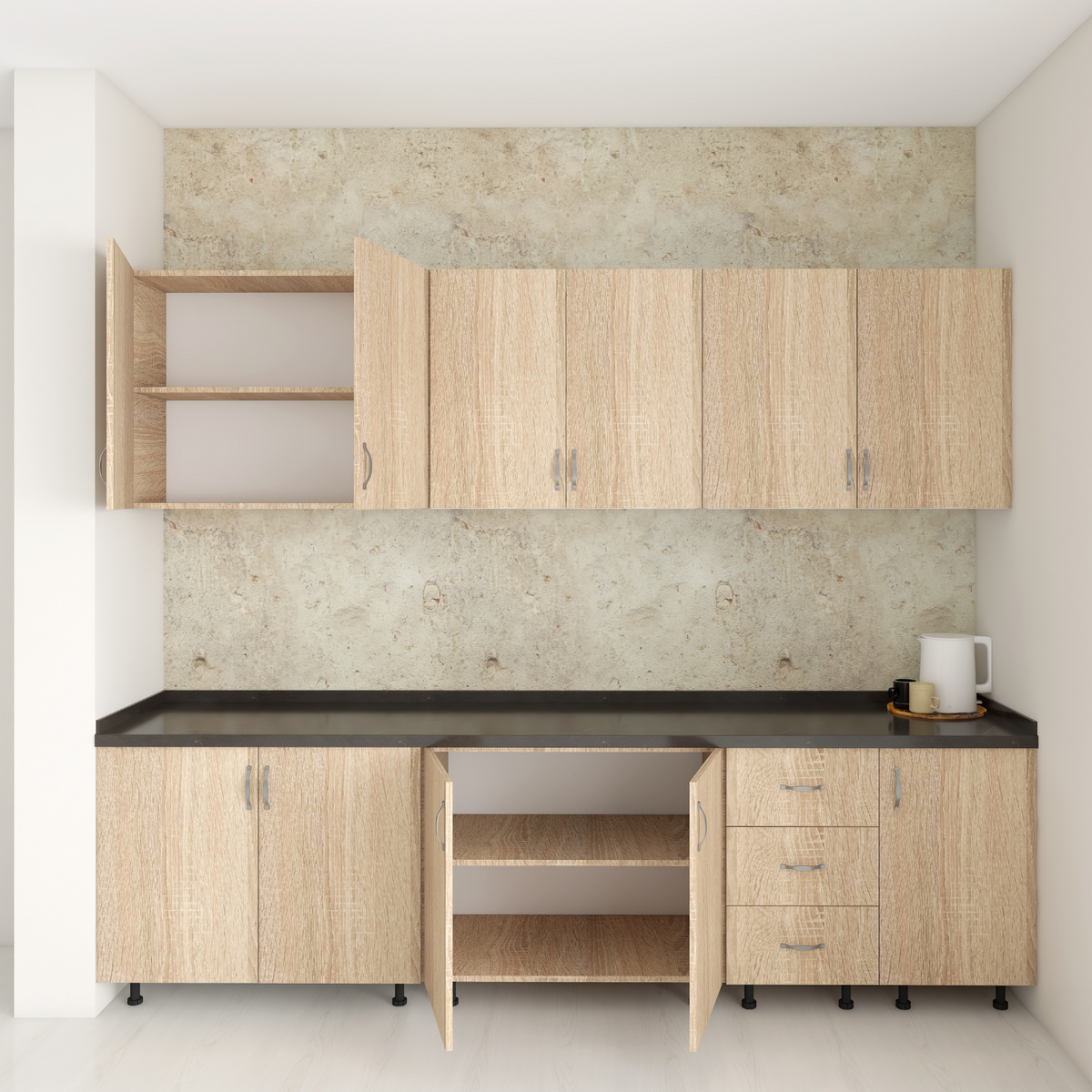 Set Bucatarie 240cm Valencia , Pal 18mm, Blat Termorezistent Negru , Culoare Stejar Sonoma - imagine 2